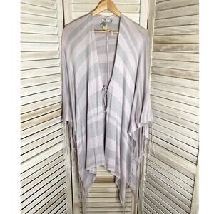 Indah Gray Pink Stripe Fine Gaige Knit Fringe Ruana Beach Poncho XS/S